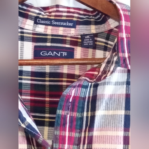 Gant XXL Plaid Short Sleeve Button Down Shirt in Burgundy Navy White Seersucker - Picture 4 of 5